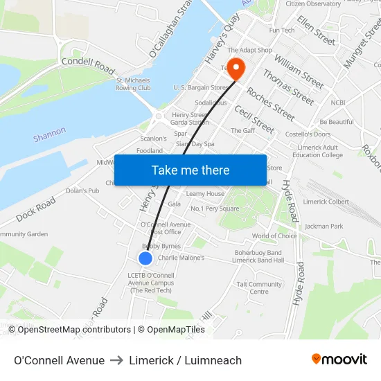 O'Connell Avenue to Limerick / Luimneach map