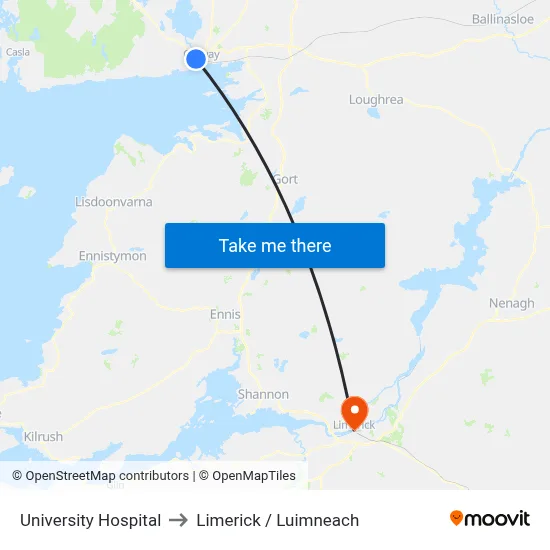 University Hospital to Limerick / Luimneach map