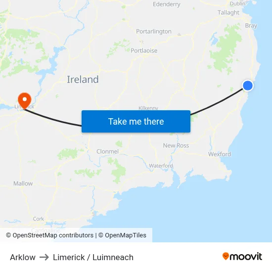 Arklow to Limerick / Luimneach map