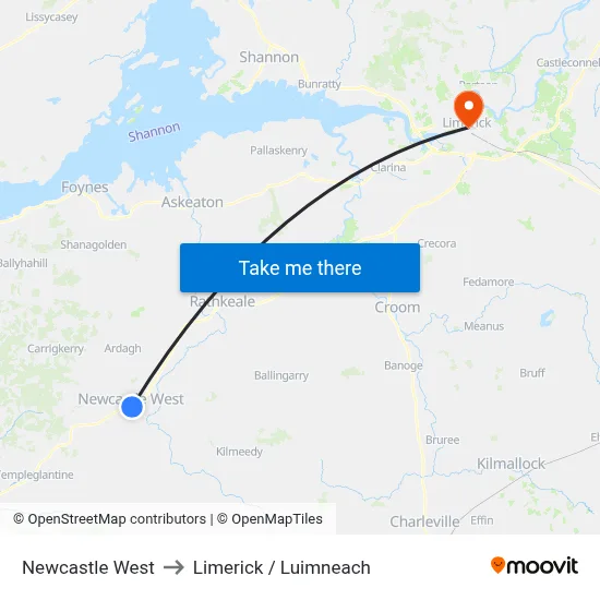 Newcastle West to Limerick / Luimneach map