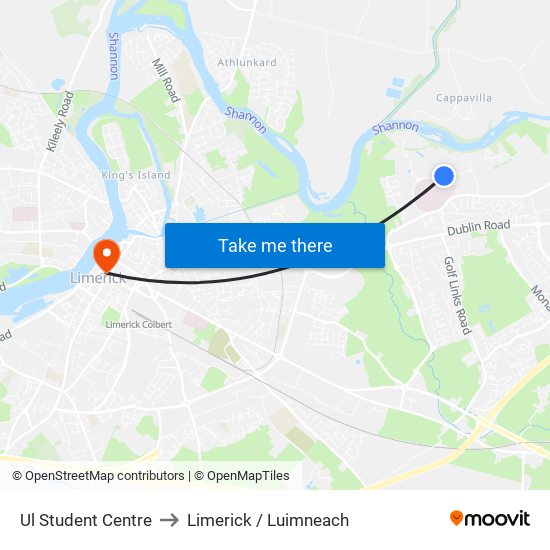 Ul Student Centre to Limerick / Luimneach map