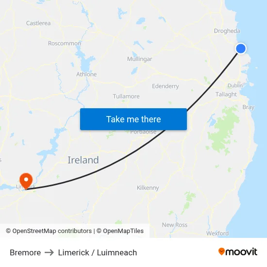 Bremore to Limerick / Luimneach map