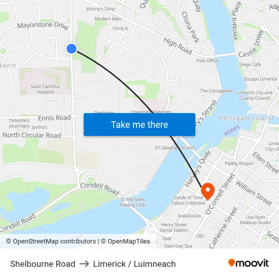 Shelbourne Road to Limerick / Luimneach map