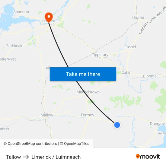 Tallow to Limerick / Luimneach map