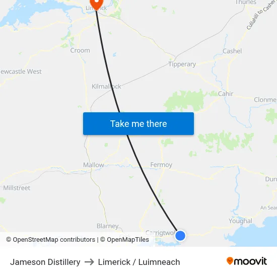 Jameson Distillery to Limerick / Luimneach map