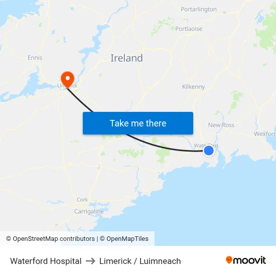 Waterford Hospital to Limerick / Luimneach map