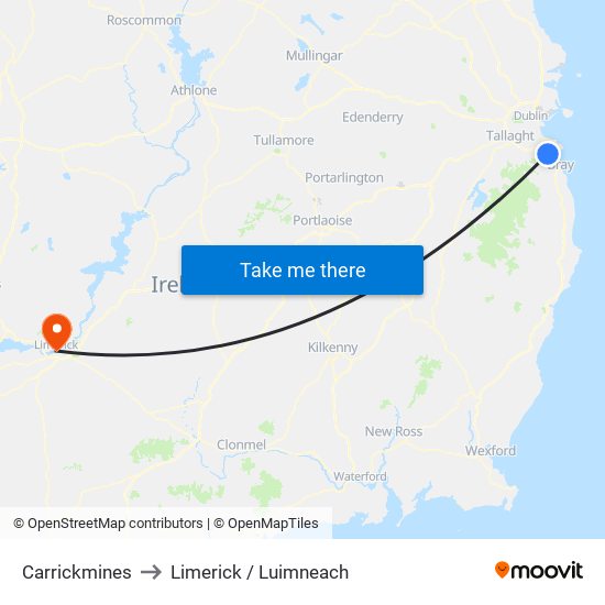 Carrickmines to Limerick / Luimneach map