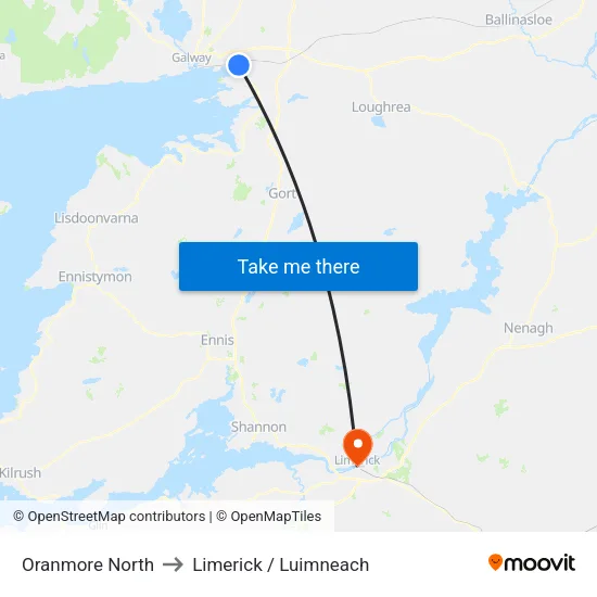 Oranmore North to Limerick / Luimneach map