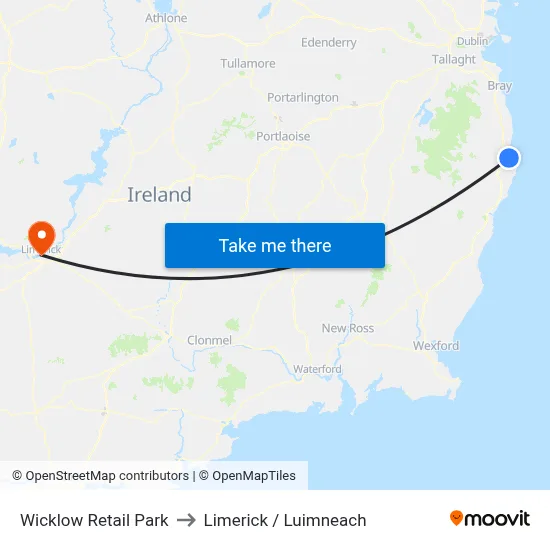 Wicklow Retail Park to Limerick / Luimneach map