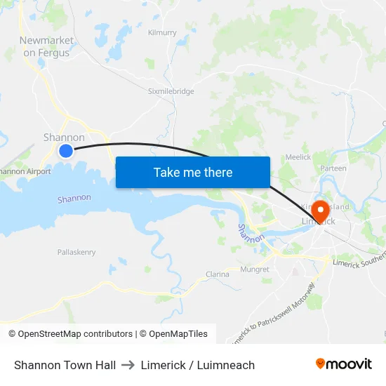 Shannon Town Hall to Limerick / Luimneach map