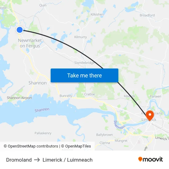 Dromoland to Limerick / Luimneach map