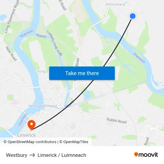 Westbury to Limerick / Luimneach map