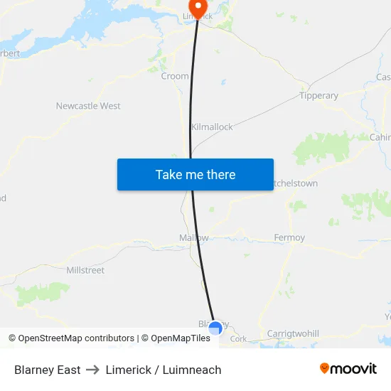 Blarney East to Limerick / Luimneach map