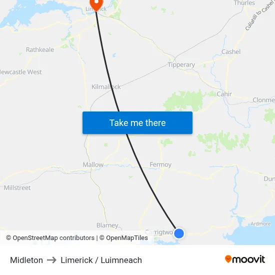 Midleton to Limerick / Luimneach map