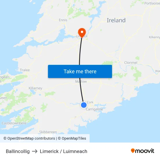 Ballincollig to Limerick / Luimneach map