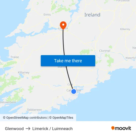 Glenwood to Limerick / Luimneach map