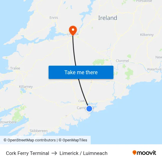 Cork Ferry Terminal to Limerick / Luimneach map