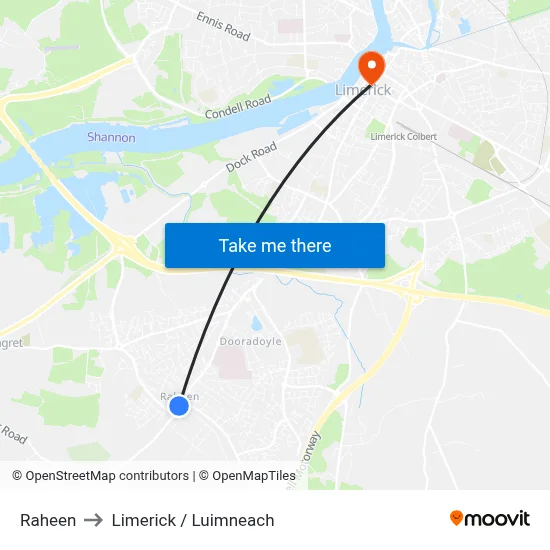 Raheen to Limerick / Luimneach map