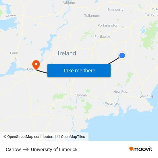 Carlow to University of Limerick map