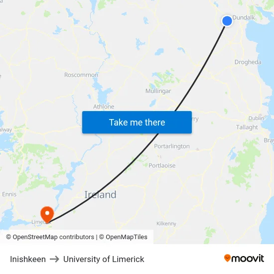 Inishkeen to University of Limerick map