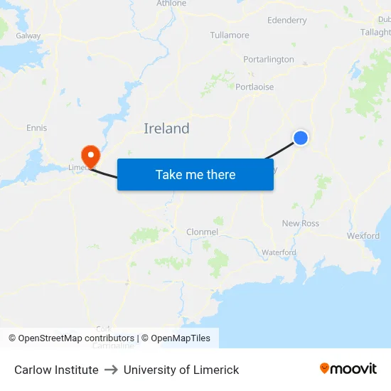Carlow Institute to University of Limerick map