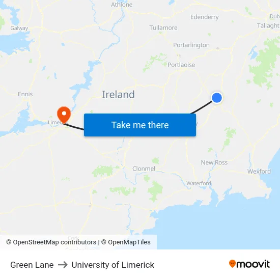 Green Lane to University of Limerick map
