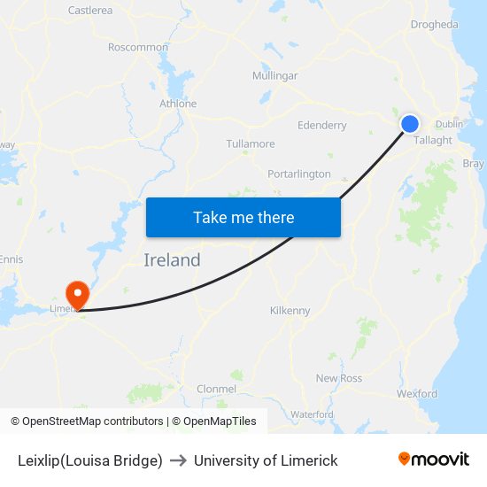 Leixlip(Louisa Bridge) to University of Limerick map