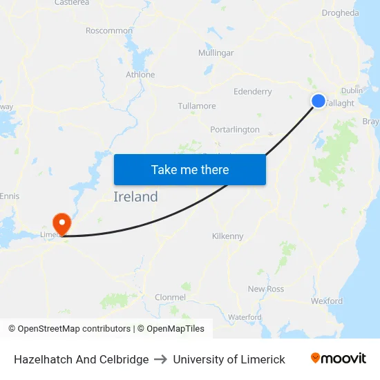 Hazelhatch And Celbridge to University of Limerick map