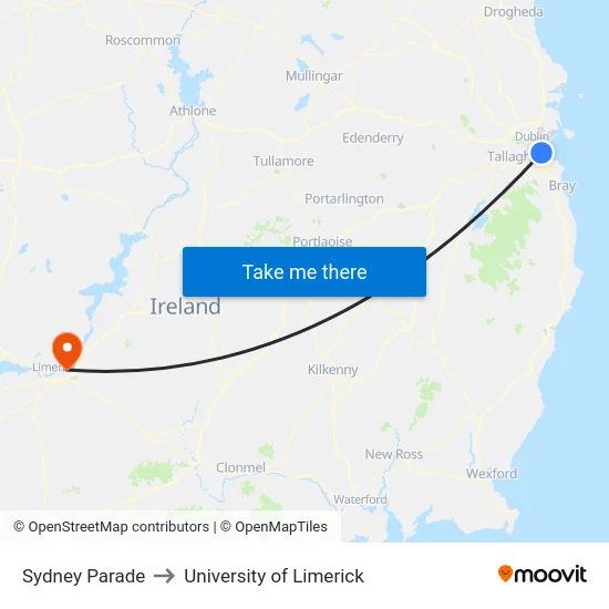 Sydney Parade to University of Limerick map