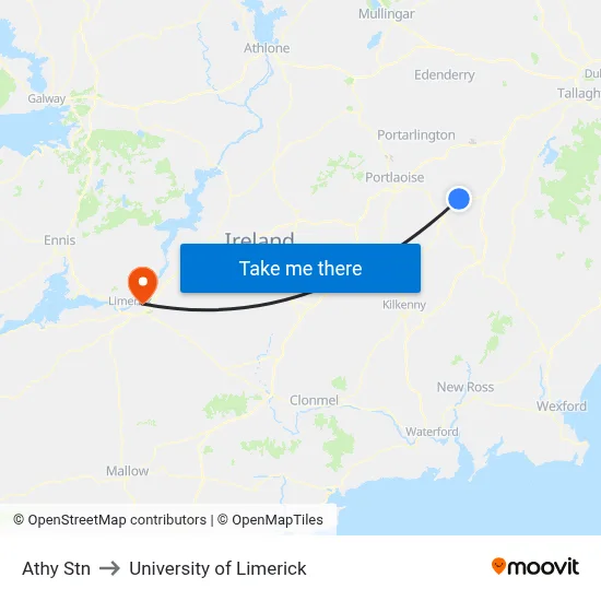 Athy Stn to University of Limerick map