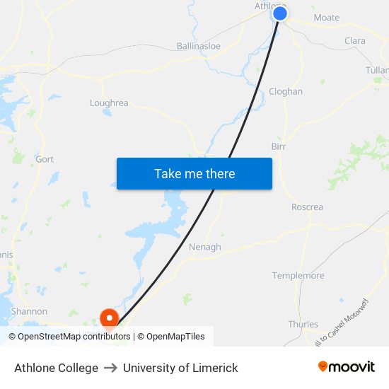 Athlone College to University of Limerick map
