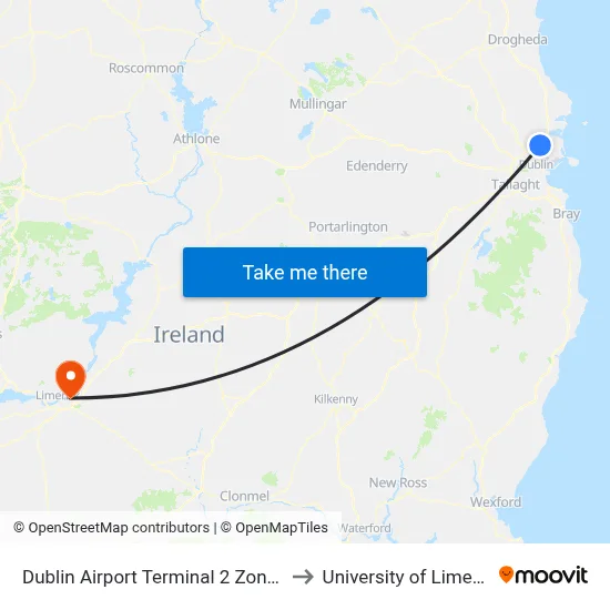 Dublin Airport Terminal 2 Zone 19 to University of Limerick map