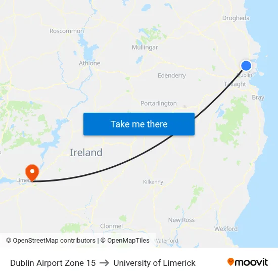 Dublin Airport Zone 15 to University of Limerick map
