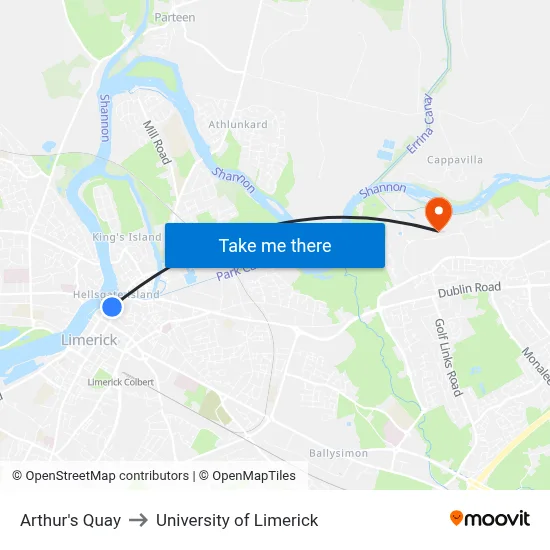 Arthur's Quay to University of Limerick map