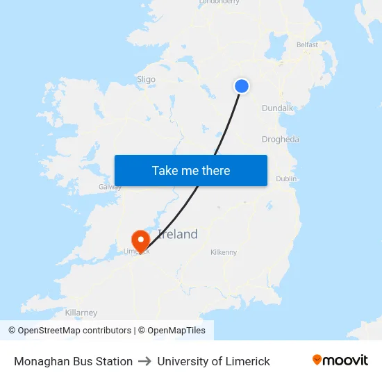 Monaghan Bus Station to University of Limerick map
