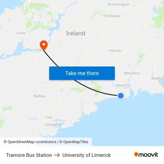 Tramore Bus Station to University of Limerick map