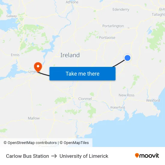 Carlow Bus Station to University of Limerick map