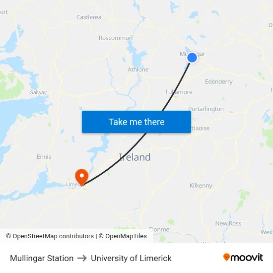 Mullingar Station to University of Limerick map