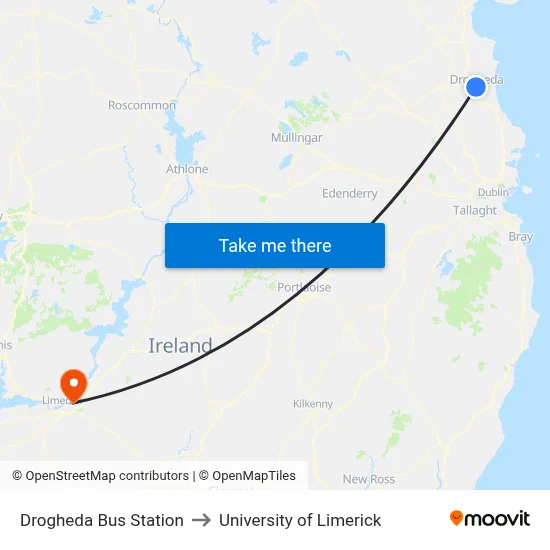Drogheda Bus Station to University of Limerick map