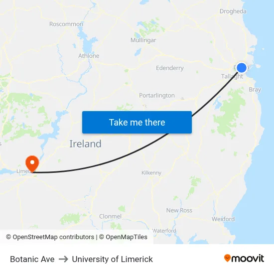 Botanic Ave to University of Limerick map