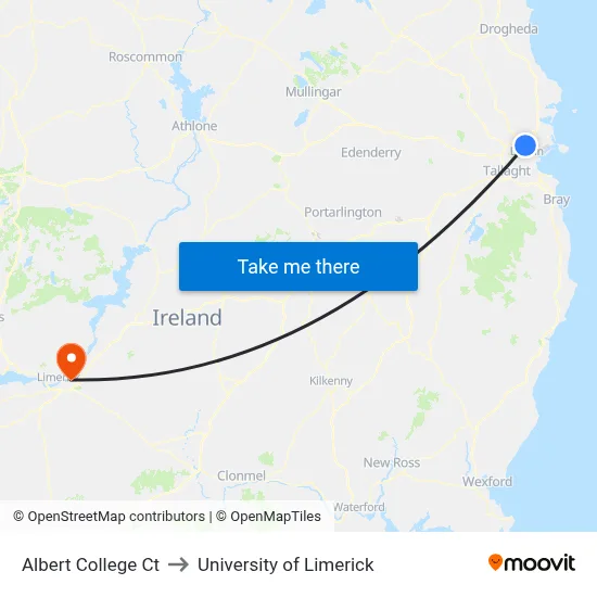 Albert College Ct to University of Limerick map