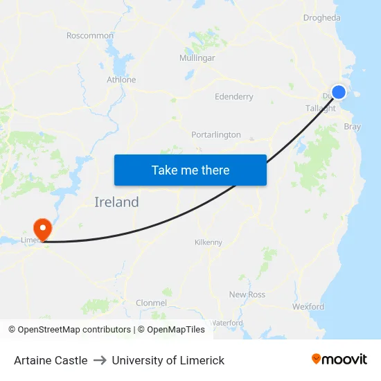 Artaine Castle to University of Limerick map