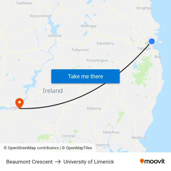 Beaumont Crescent to University of Limerick map