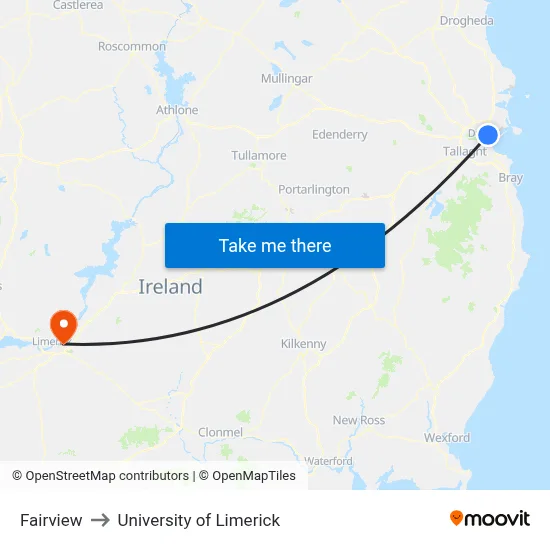 Fairview to University of Limerick map