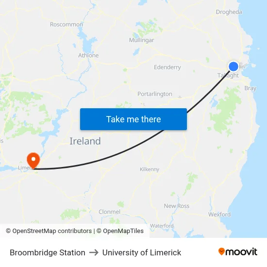 Broombridge Station to University of Limerick map