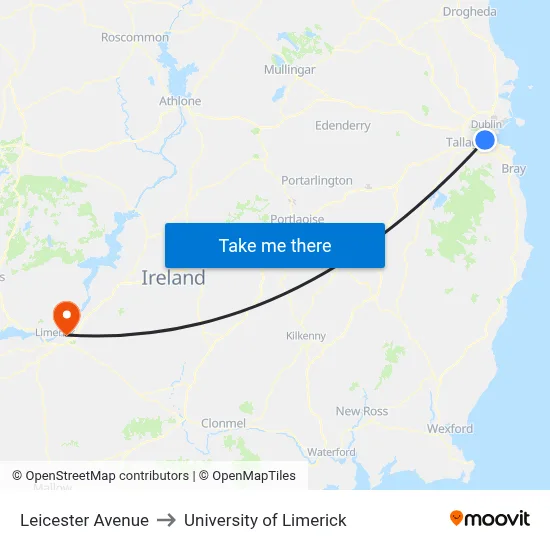 Leicester Avenue to University of Limerick map