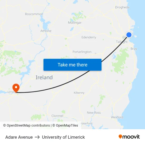 Adare Avenue to University of Limerick map