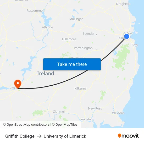 Griffith College to University of Limerick map