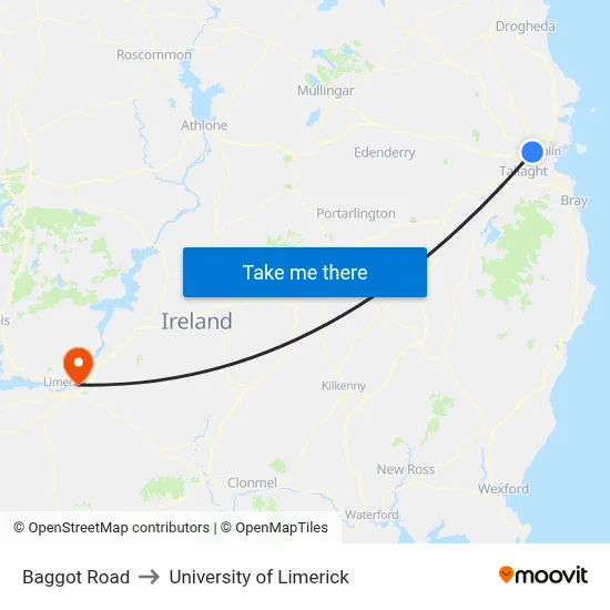 Baggot Road to University of Limerick map