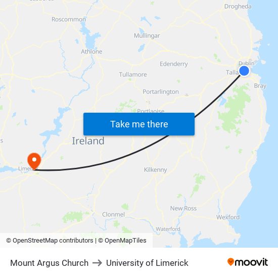 Mount Argus Church to University of Limerick map